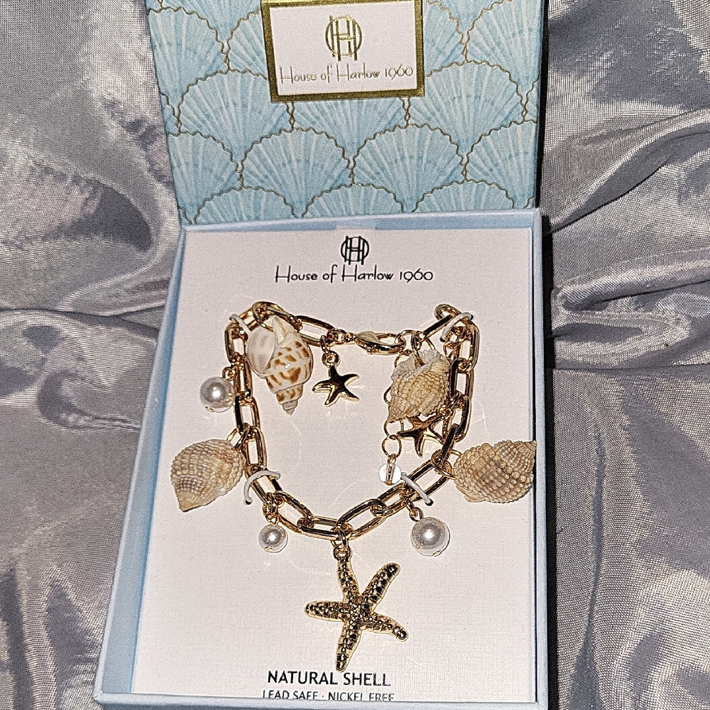 House of Harlow 1960 Gold and Cream Shell Bracelet Starfish Bnib Ti Tr Te
